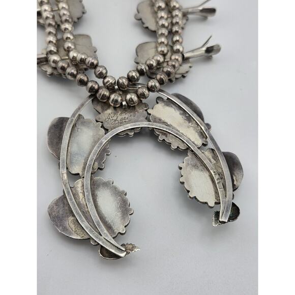 Early Navajo Indian KINGMAN Turquoise Sterling Silver Squash Blossom Necklace - Picture 6 of 16